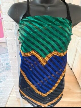 Jewel tone green and Blue Striped Loz Claiborne Scarf/Top with Gold Accent